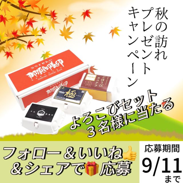 フォロー＆いいね＆シェアで応募☝️
秋の訪れ🍂キャンペーン

こんにちは😊敬老の日におすすめセット販売記念
秋の訪れ、よろこびキャンペーンを開催🍁
「よろこびセット」を3名様にプレゼント🎁
今月のおすすめ商品「ごほうびカステラ」「極」「日光御養卵」を詰め合わせたセットになります。
たくさんのご応募お待ちしています🐓

【プレゼント内容】
よろこびセット  3名

【応募期間】
2024年9月11日23:59まで

【応募方法】
①稲見商店公式アカウント(@nasunogoyouran )をフォローとこの投稿にいいね！
②#稲見商店  または#那須御養卵 でこのキャンペーンの画像をシェア

※期間中お一人様１回限り参加可能。
※これまでに @nasunogoyouran をフォロー頂いてた方も対象です。
※当選に関するお問い合わせにはお答えできません。ご了承ください。
※当選者様にはダイレクトメッセージにてご連絡致します。
※プレゼントの発送は日本国内に限定させていただきます。
※当キャンペーンはFacebook社・Instagramとは一切関係ありません。
※非公開アカウントからのご応募は対象外となります。

有限会社稲見商店卵工房
〒324-0018 栃木県大田原市上奥沢字上谷地587-2
TEL0287-22-2421 

 #稲見商店#那須御養卵 #日光御養卵#極 #さくら#たまご #有精卵 #TKG #卵かけご飯 #お弁当#直売#栃木#大田原#キャンペーン#プレゼント#懸賞#敬老の日#秋分の日#企画#おすすめ#カステラ#よろこび#秋#CP