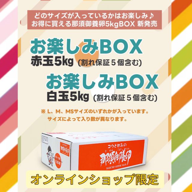 こんにちは😊
オンラインショップからのお知らせです🐔
那須御養卵をお得に買える5kgBOXが新発売

お楽しみBOX  赤玉 5kg （割れ保証５個含む）
お楽しみBOX  白玉 5kg（割れ保証５個含む）

L、M、,MSいずれかのサイズが入っています
サイズによって入っている個数が変わります😘
どのサイズが届くかはお楽しみ🕺🏾

プロフィールに、オンラインショップのURLがございます。
有限会社稲見商店卵工房
〒324-0018 栃木県大田原市上奥沢字上谷地587-2
TEL0287-22-2421 

 #稲見商店#那須御養卵 #日光御養卵#極 #たまご #有精卵 #TKG #卵かけご飯 #お弁当#さくら#自販機#直売#たまご工房#栃木#大田原#イベント#いなみの日#お得#ギフト#限定#お得#お楽しみ#5kg#サイズ不定